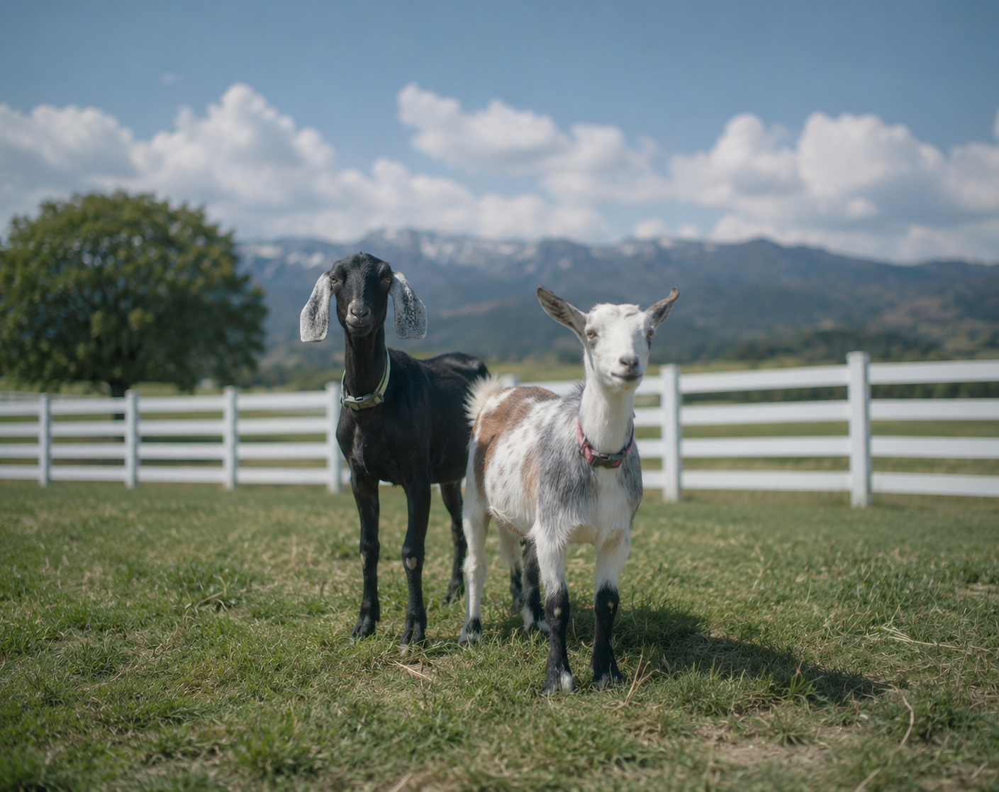 Goats behind gloss white Kuptz Steel Fence at a hobby farm